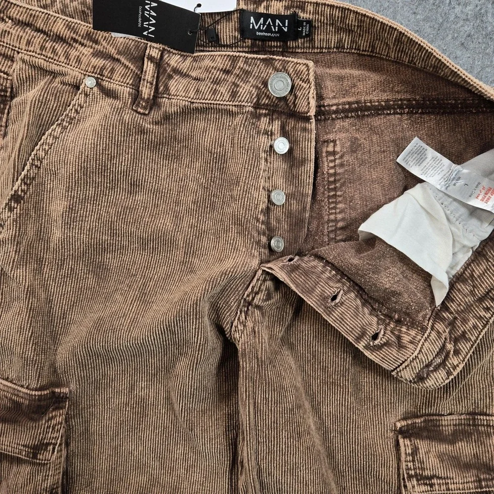 BoohooMAN Pants Mens 36x32 Brown Corduroy Cargo Wide Leg Relaxed Fit Casual